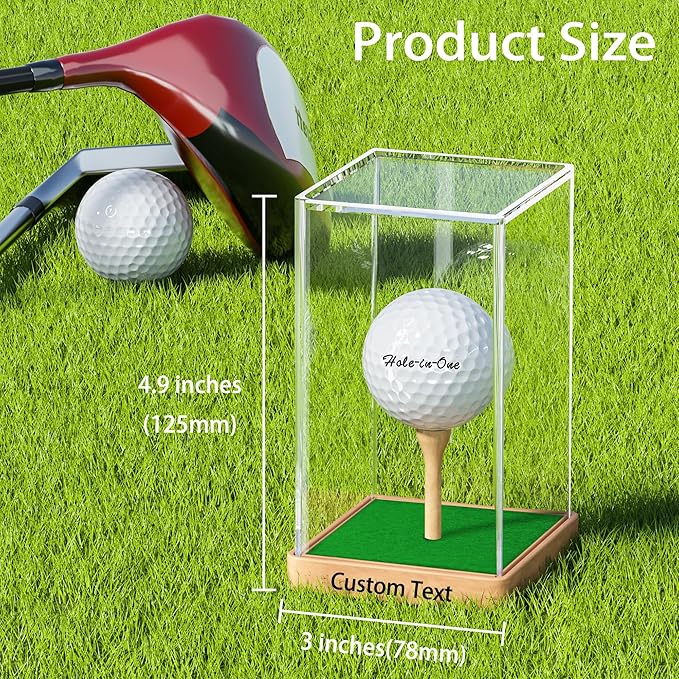 Custom Golf Ball Display Case – Single Golf Ball Holder Stand with Clear Acrylic Cover, Wood Base & Grass Pad – Hole-in-One Golf Gift for Men, Dad, Coach, Golfer (Customized, 4.9x3x2.9 inch)